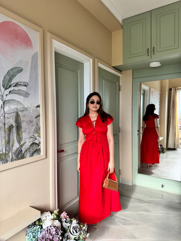 red string dress Ganni Red Sheer Tie String Wrap Dress