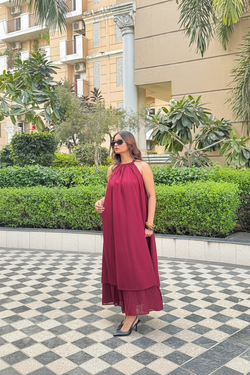 Maroon Mulmul Blooming Maxi Dress