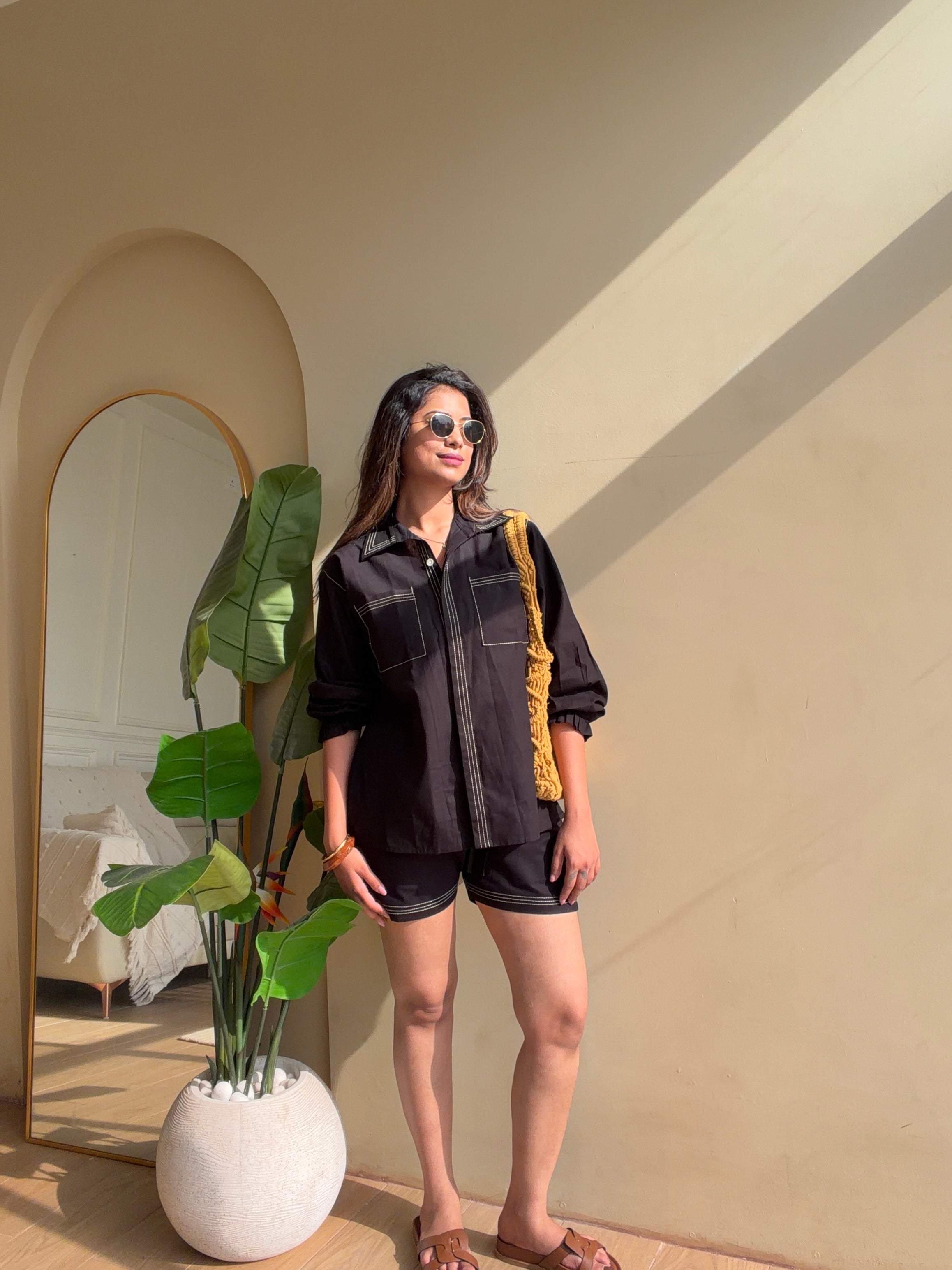 Black Linen Bordered Coord Set