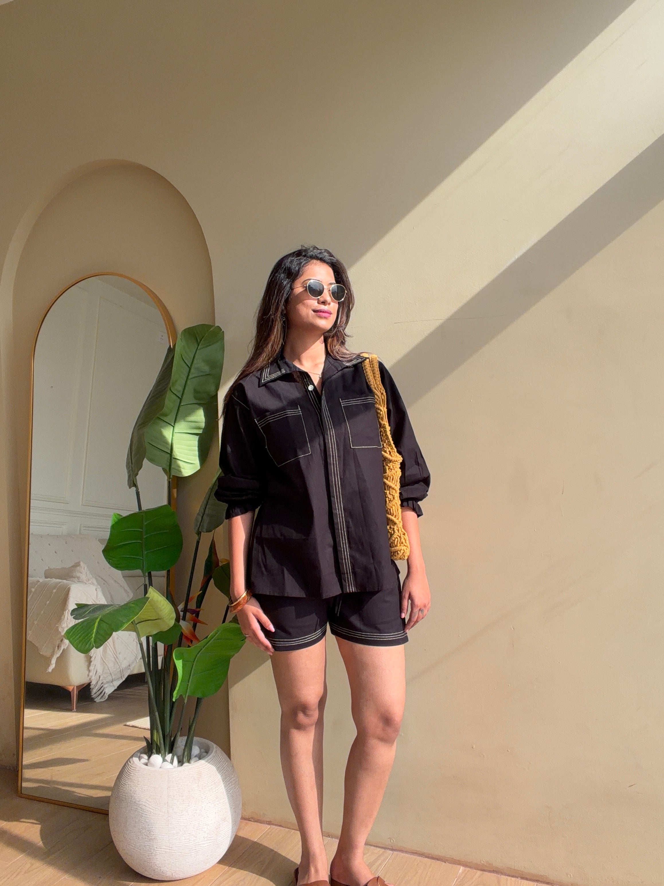 Black Linen Bordered Coord Set