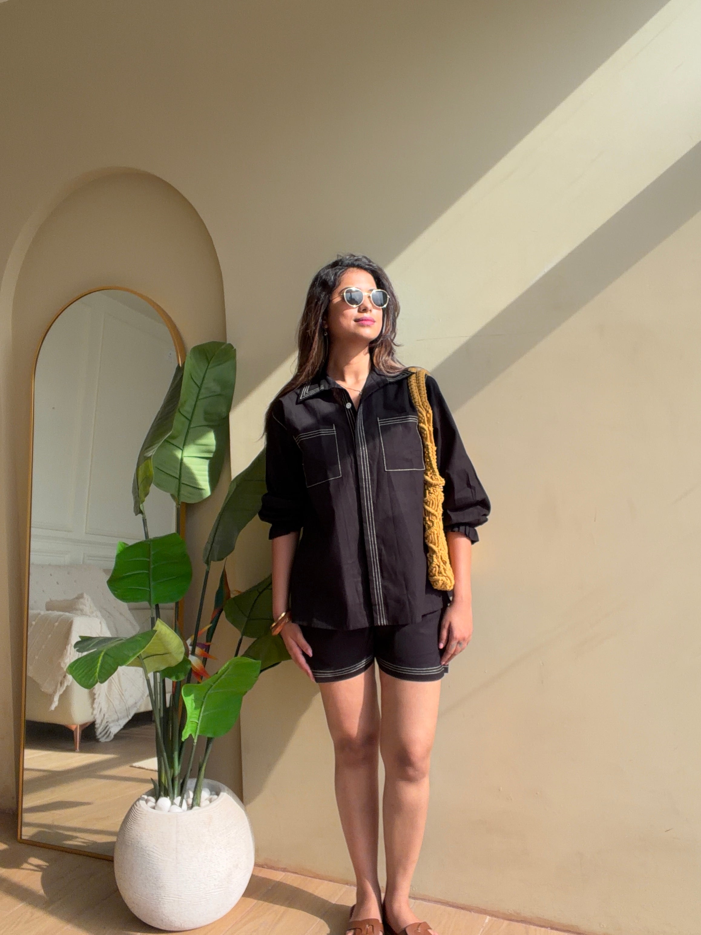 Black Linen Bordered Coord Set