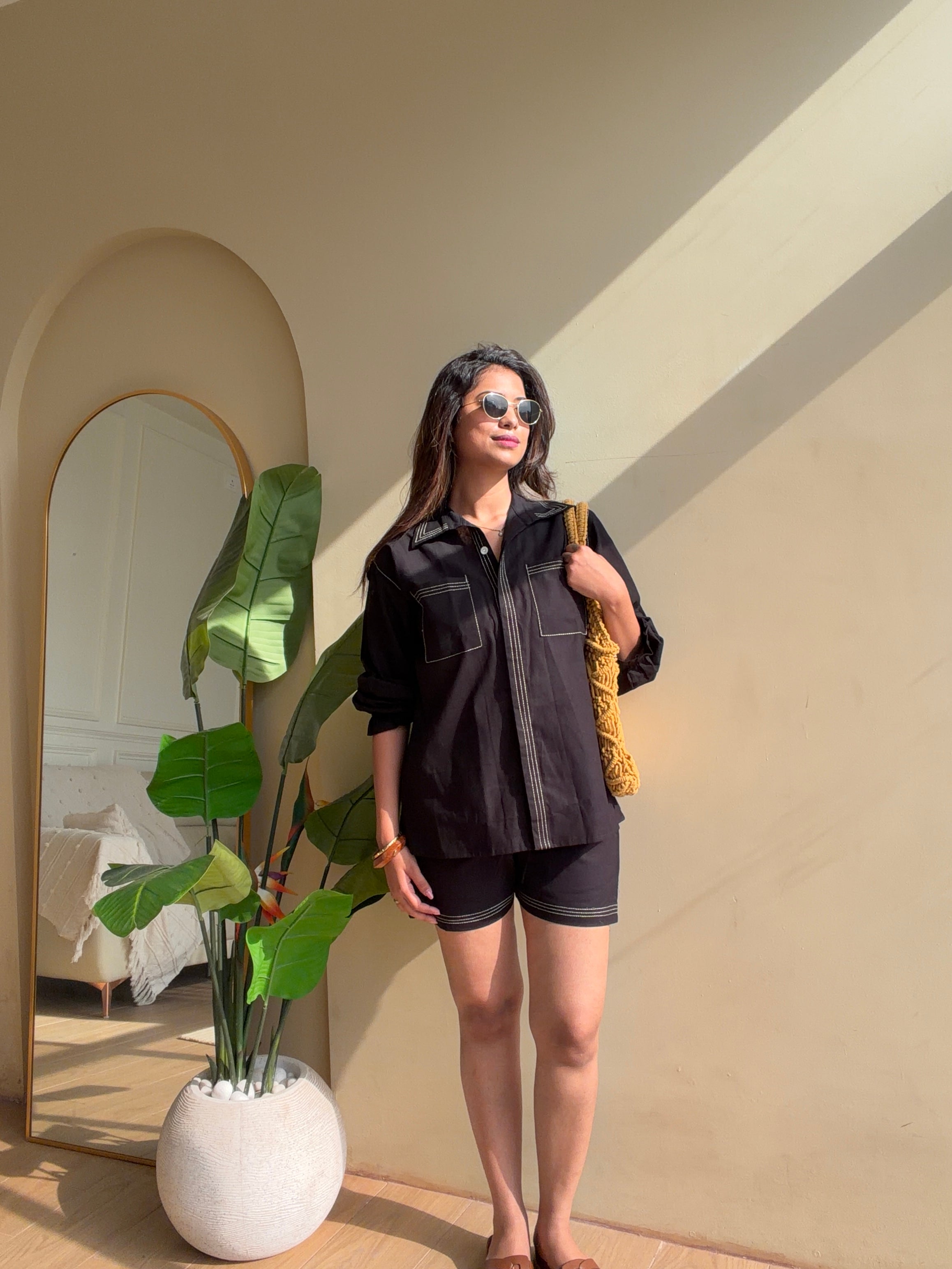 Black Linen Bordered Coord Set