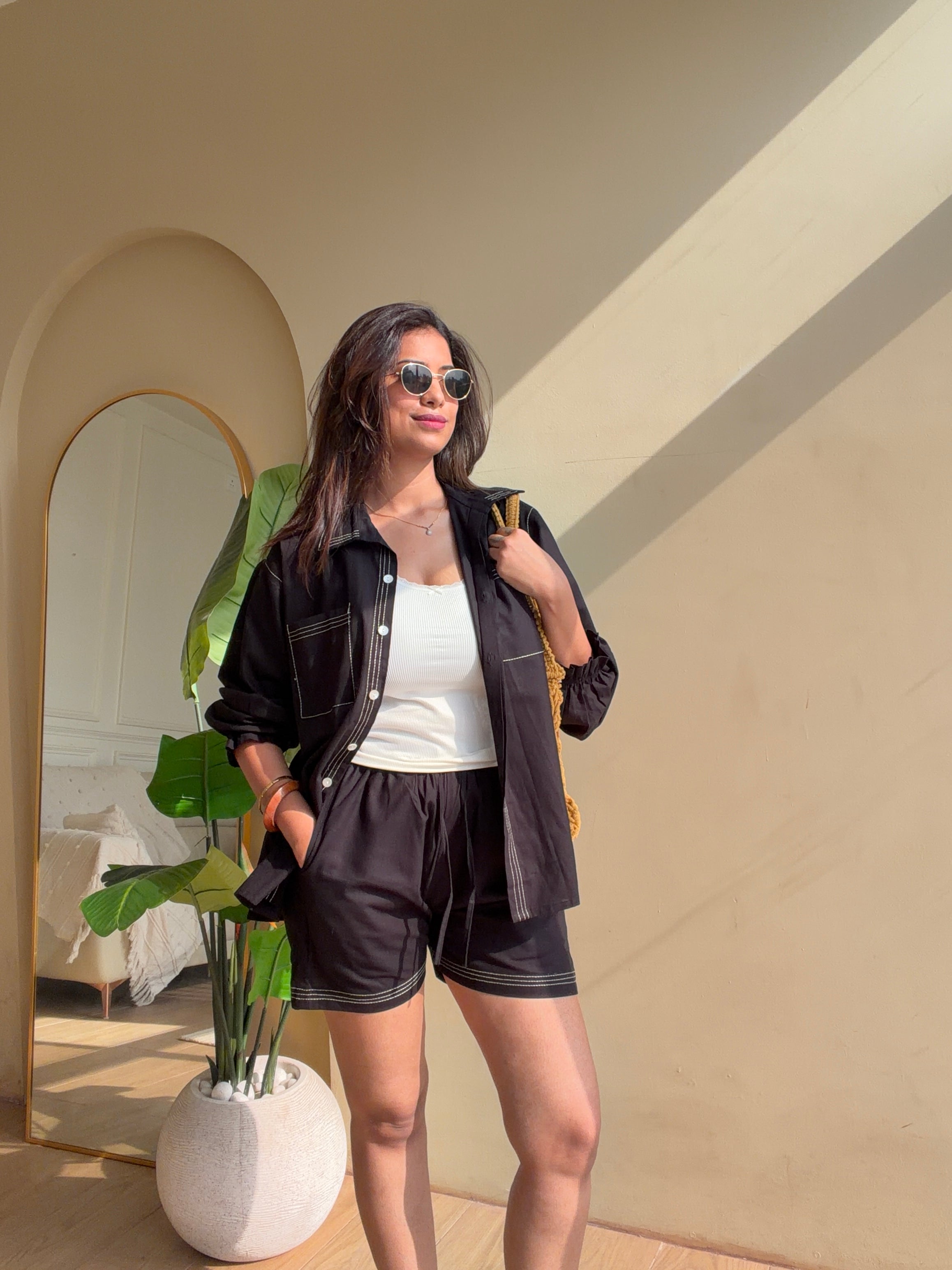 Black Linen Bordered Coord Set