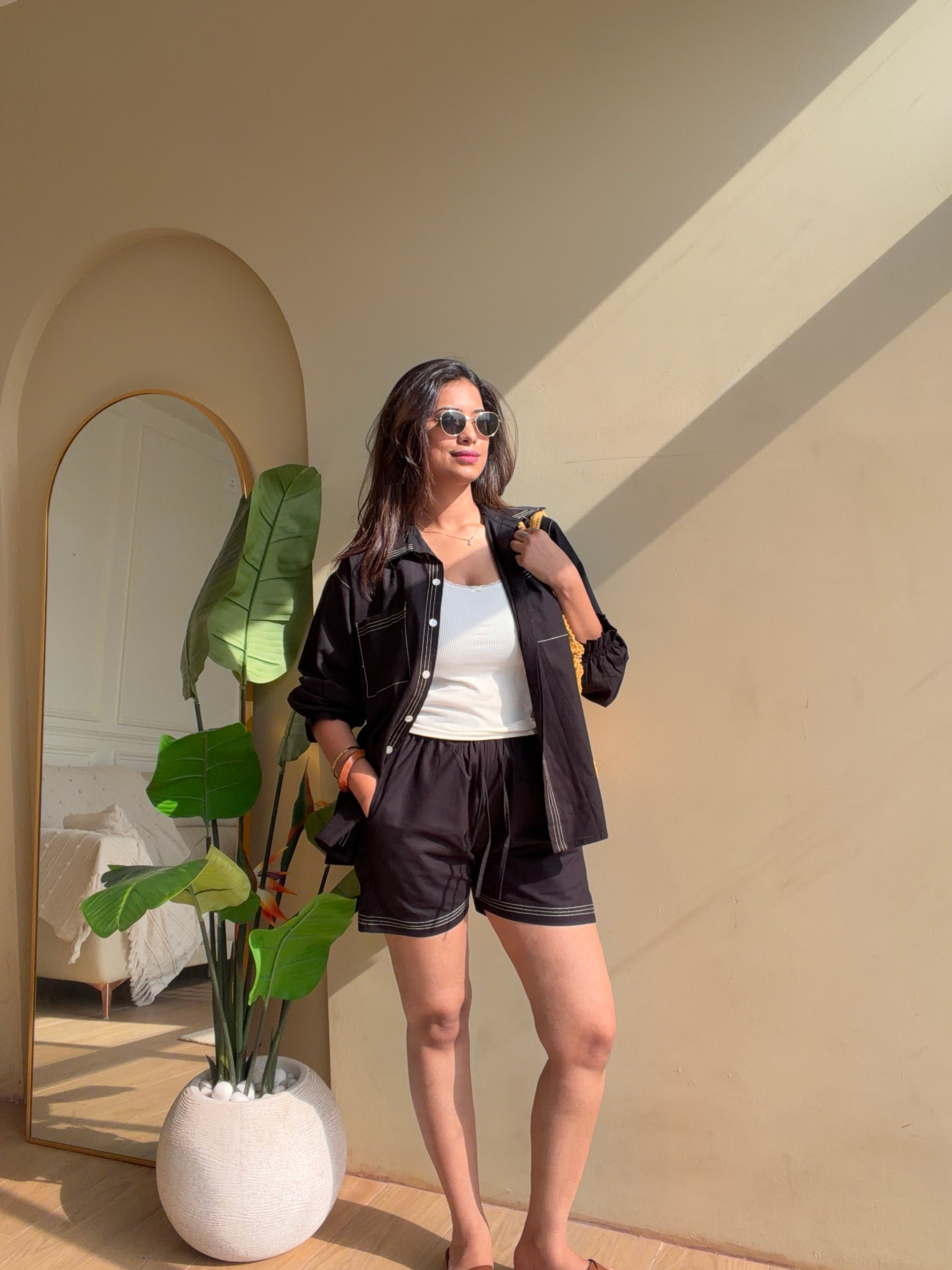 Black Linen Bordered Coord Set