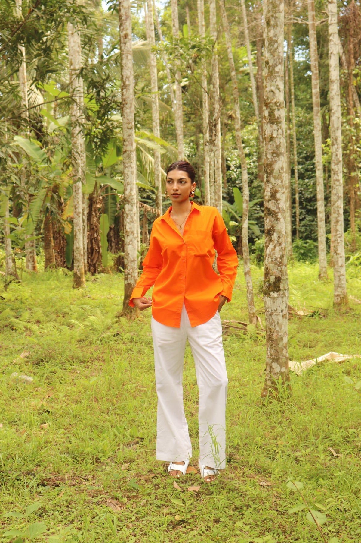Orange shirt with white pant