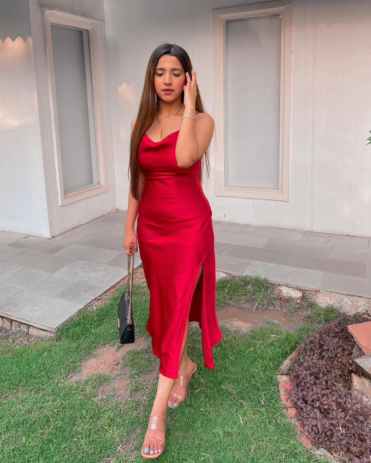 Red Slit Shop Red Slit Satin dress Online India for women -Labelbyanuja ...
