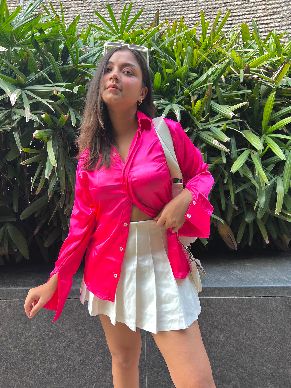 Bright pink satin sales top